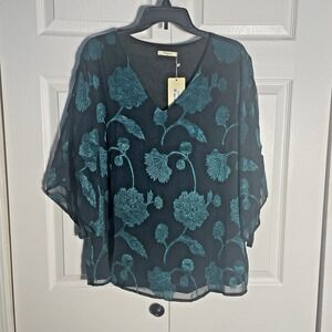 Bebonnie Shirt Women 2XL Black Teal Floral Embroidered Sheer Split Sleeve Blouse